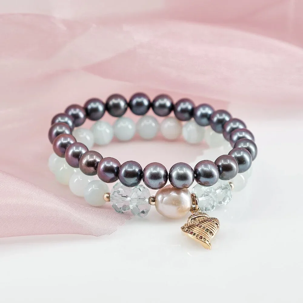 Charm Bracelet Set of 2, Black Peacock Pearls & Agate Edison Pearl w/Shell Charm